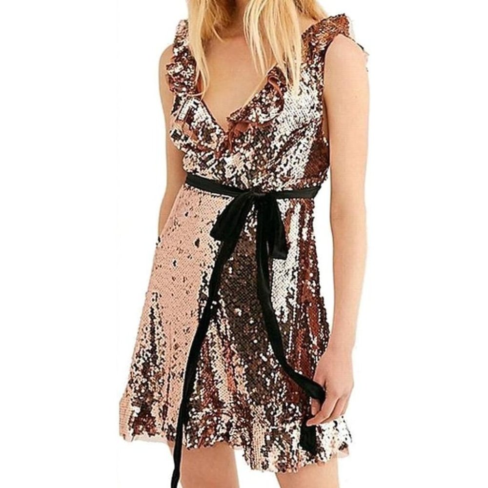 NWT Free People Mini Dress Womens 0 Sequined Party Bronze V Neck velour Belted‎